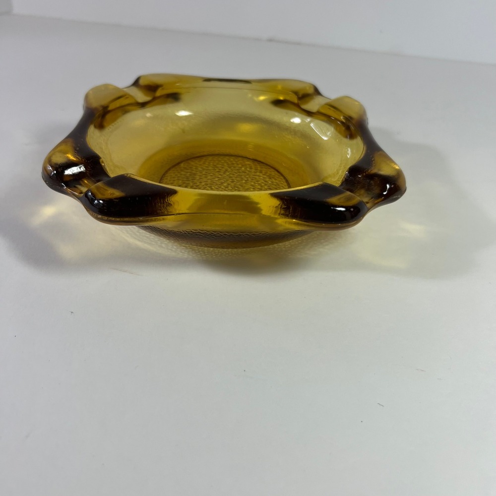 Vintage Amber Glass Ashtray Scalloped Edge Mid Century Modern Textured Base 6in